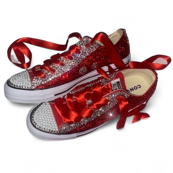 Siam Red White & Luxe Crystal Red Low Top Converse Sizes 5-14 With Ribbon Laces - Picture 3 of 14